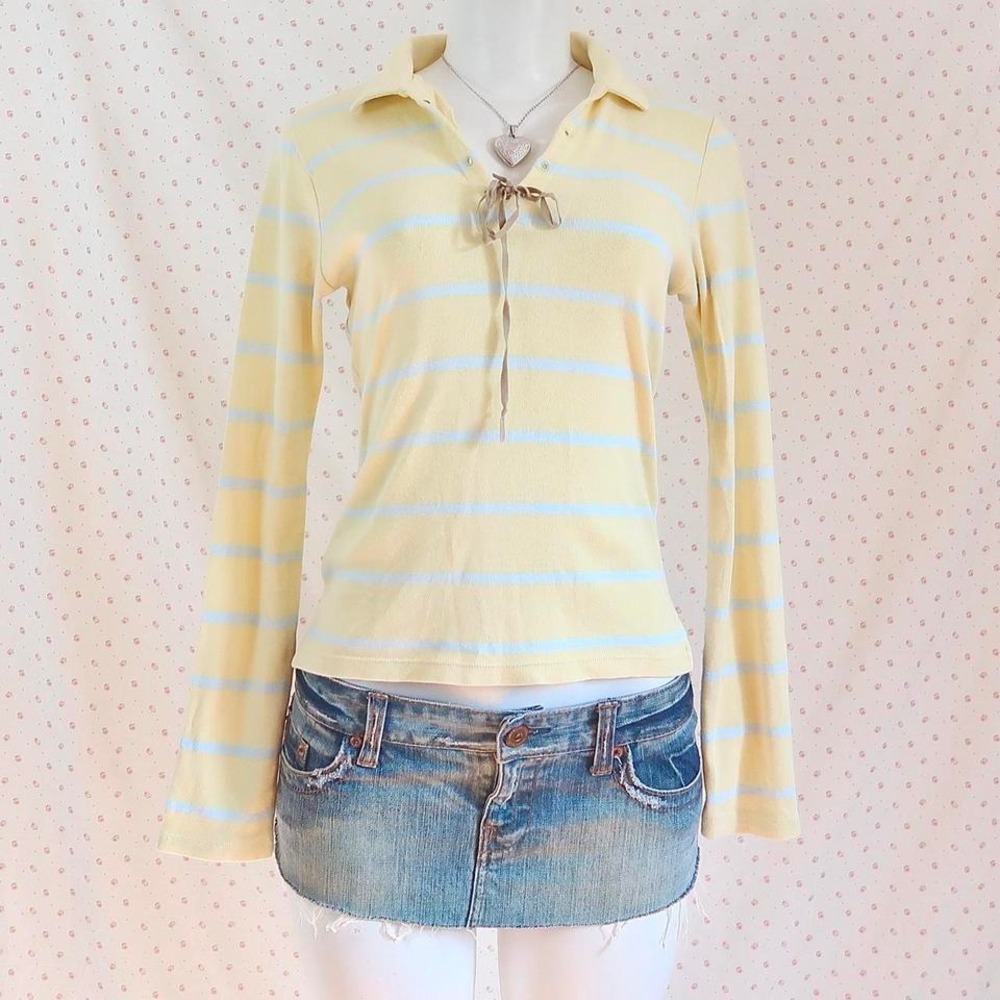aeropostale yellow blue striped lace up long sleeve polo top y2k